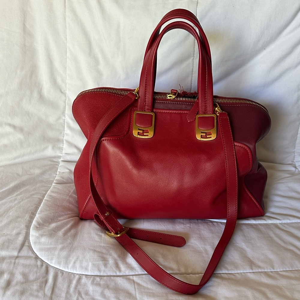 Fendi Red Leather Satchel with Gold Accents